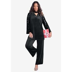 Roamans Pant Set Black Velour Keyhole Neckline Sequined Sleeves Size 26/28 2X